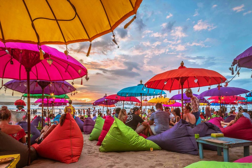 Seminyak Beach Rows of Sunset Umbrellas in Front of Seminyak Villas.